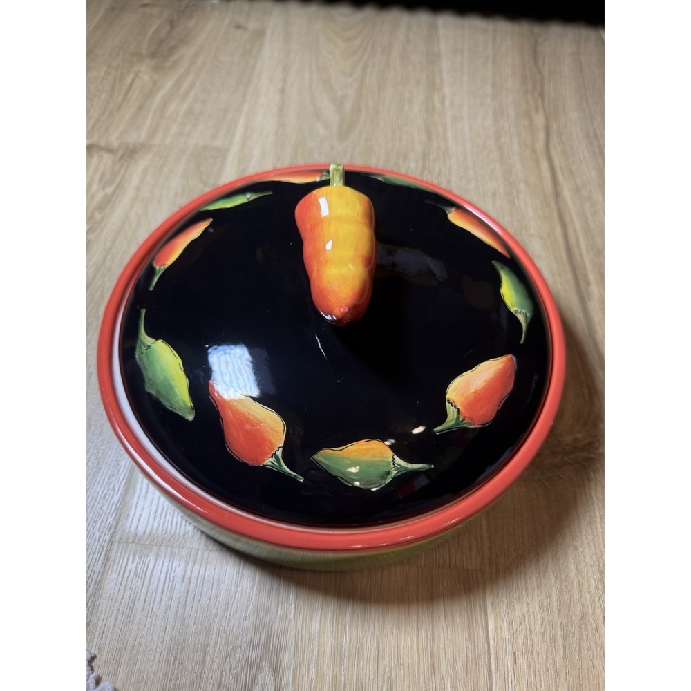 Clay Art Fiesta Yellow Green Red Peppers Black Lidded Covered Tortilla Warmer - Picture 2 of 10